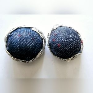 Vintage round Button bauble speckle denimand silver trimming clip on earrings